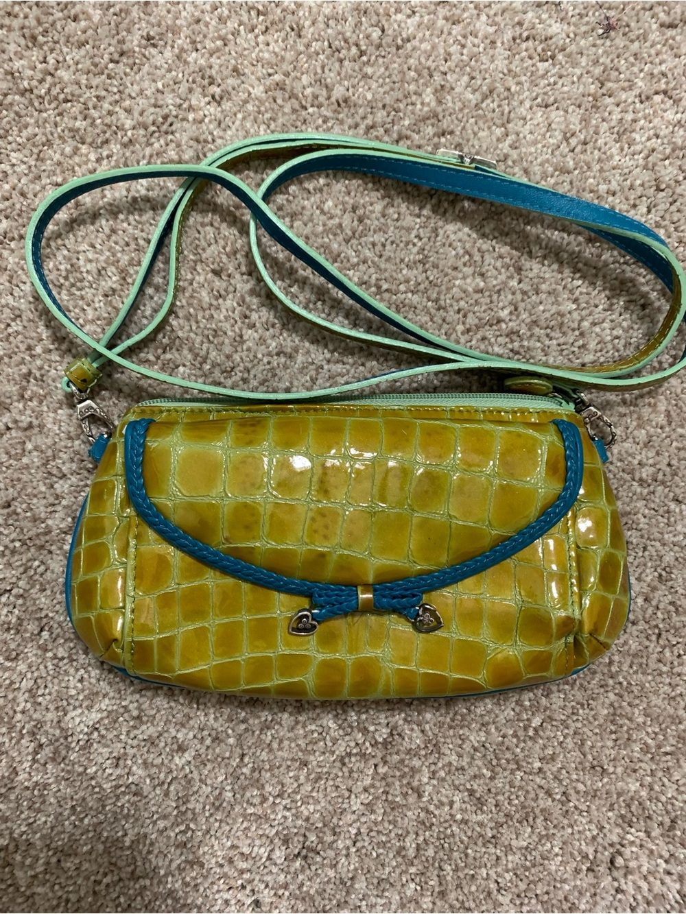 Brighton Patent Leather Croc Embossed Yellow Green Crossbody Clutch Purse